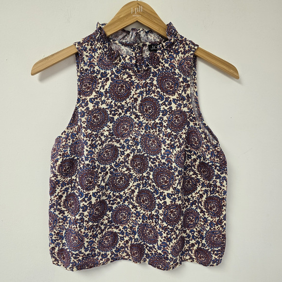 J. Crew Top Size S Fleur Sleeveless Paisley Floral Ruffle Neck Blouse Linen Prep - Picture 1 of 7